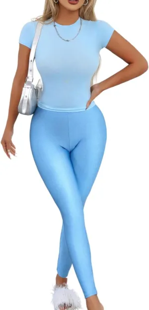 Sexy 2 Piece Pants Set For Women,2000S Crop Top And Shiny Leggings,Slimming Going Out Outfits Date Night Club