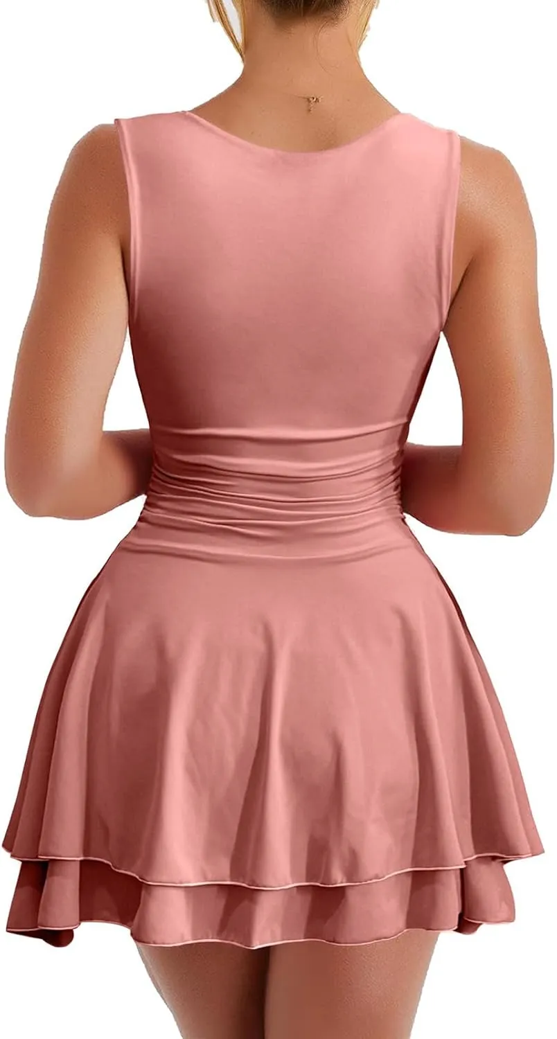 Sexy Dresses for Women 2025 Sleeveless Low Cut Corset Dress Ruffle Hem Boat Neck Mini Dress Party Club Dresses