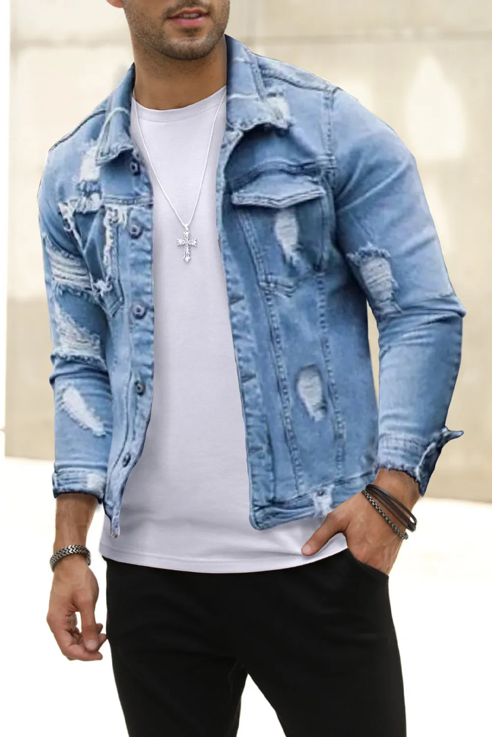 Sky Blue Distressed Buttoned Men's Denim Jackets
