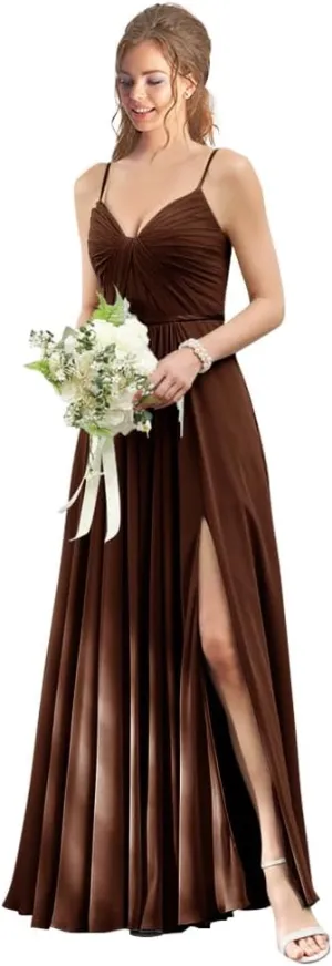 Spaghetti Strap Chiffon Bridesmaid Dress with Slit V Neck Long Corset Formal Evening Party Dress with Pockets