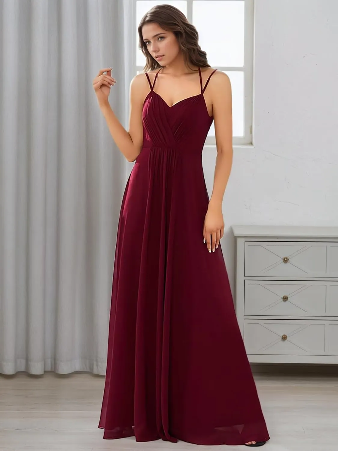 Spaghetti Straps Chiffon Bridesmaid Dress Lace Appliques Prom Party Gowns for Women Formal Sexy Backless DR0787