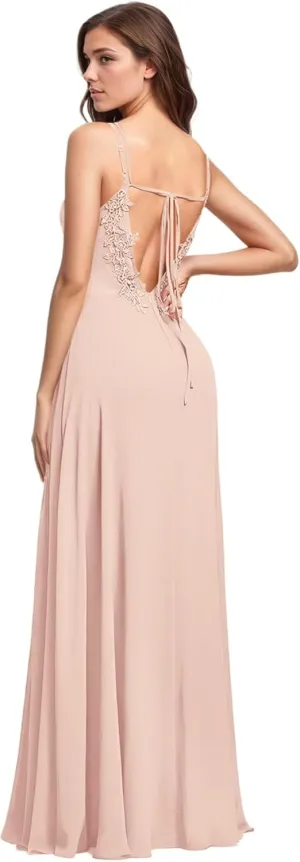 Spaghetti Straps Chiffon Bridesmaid Dress Lace Appliques Prom Party Gowns for Women Formal Sexy Backless DR0787