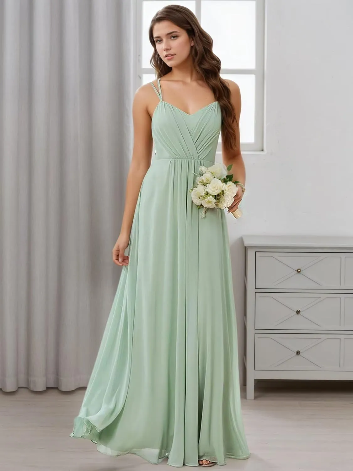 Spaghetti Straps Chiffon Bridesmaid Dress Lace Appliques Prom Party Gowns for Women Formal Sexy Backless DR0787