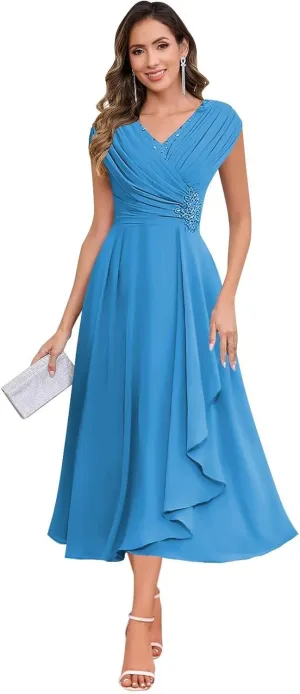 Sparkly Floral Mother of The Bride Dresses for Women Chiffon Ruffled Cap Sleeve Short Formal Wedding Guest Dress