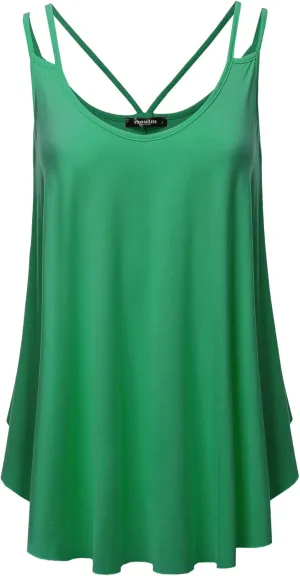 SSOULM Women's Loose Fit Flowy V Neck Sexy Pleated Cami Tank Top with Plus Size