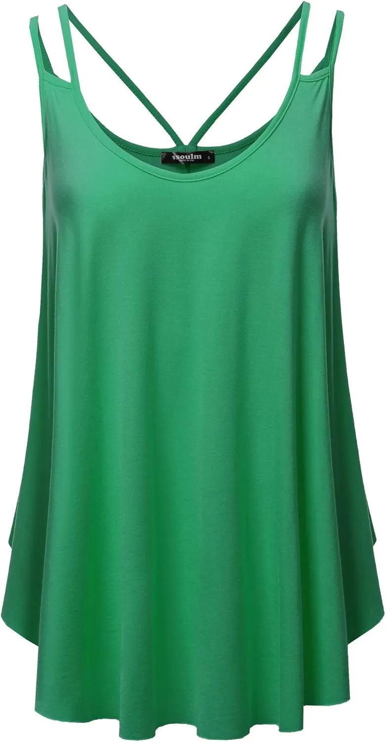 SSOULM Women's Loose Fit Flowy V Neck Sexy Pleated Cami Tank Top with Plus Size