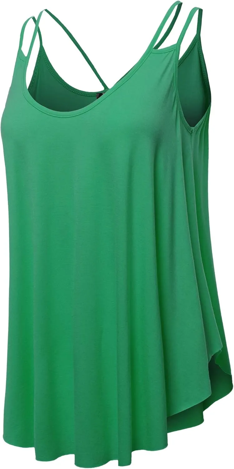SSOULM Women's Loose Fit Flowy V Neck Sexy Pleated Cami Tank Top with Plus Size