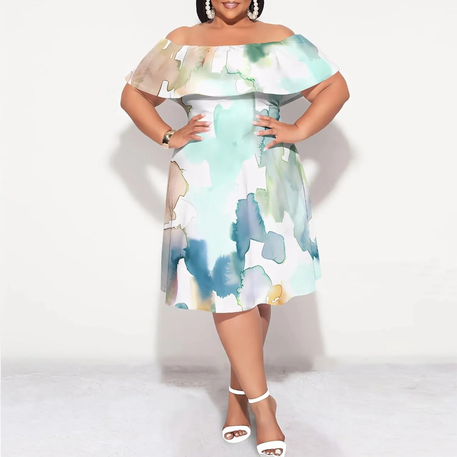 Strapless Dress for Women Summer Casual Off The Shoulder Ruffle Mini Plus Size Swing Ruched Bodycon Dresses Travel Vacation