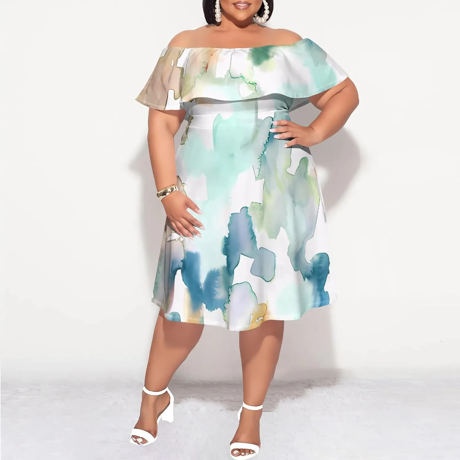 Strapless Dress for Women Summer Casual Off The Shoulder Ruffle Mini Plus Size Swing Ruched Bodycon Dresses Travel Vacation