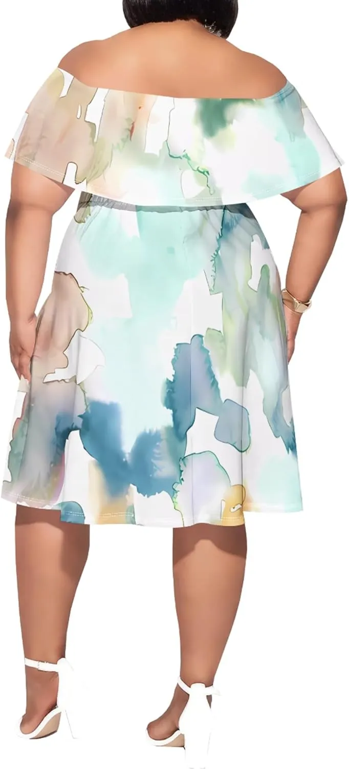 Strapless Dress for Women Summer Casual Off The Shoulder Ruffle Mini Plus Size Swing Ruched Bodycon Dresses Travel Vacation