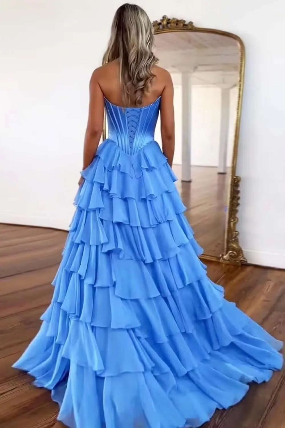 Strapless Prom Dress Ruffles Corset Formal Dress Long Tiered Chiffon Evening Party Gowns with Slit