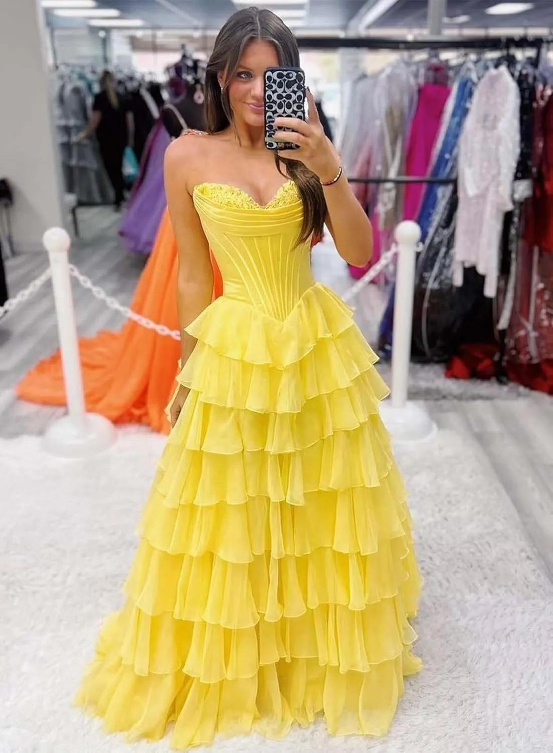 Strapless Prom Dress Ruffles Corset Formal Dress Long Tiered Chiffon Evening Party Gowns with Slit