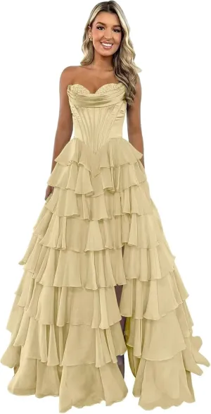 Strapless Prom Dress Ruffles Corset Formal Dress Long Tiered Chiffon Evening Party Gowns with Slit