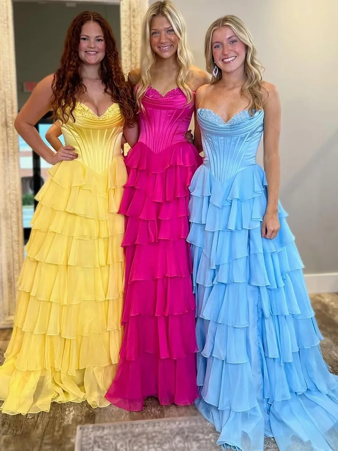 Strapless Prom Dress Ruffles Corset Formal Dress Long Tiered Chiffon Evening Party Gowns with Slit