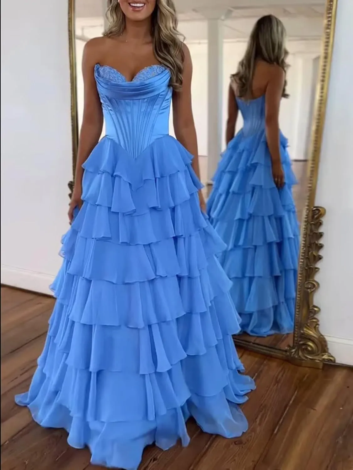 Strapless Prom Dress Ruffles Corset Formal Dress Long Tiered Chiffon Evening Party Gowns with Slit