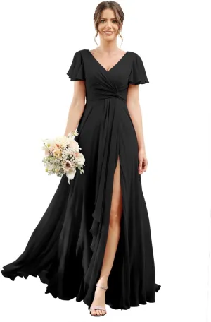 Stylefun Women's V Neck Bridesmaid Dresses with Slit Pleated High Waist Long Formal Dress with Pockets CYM131