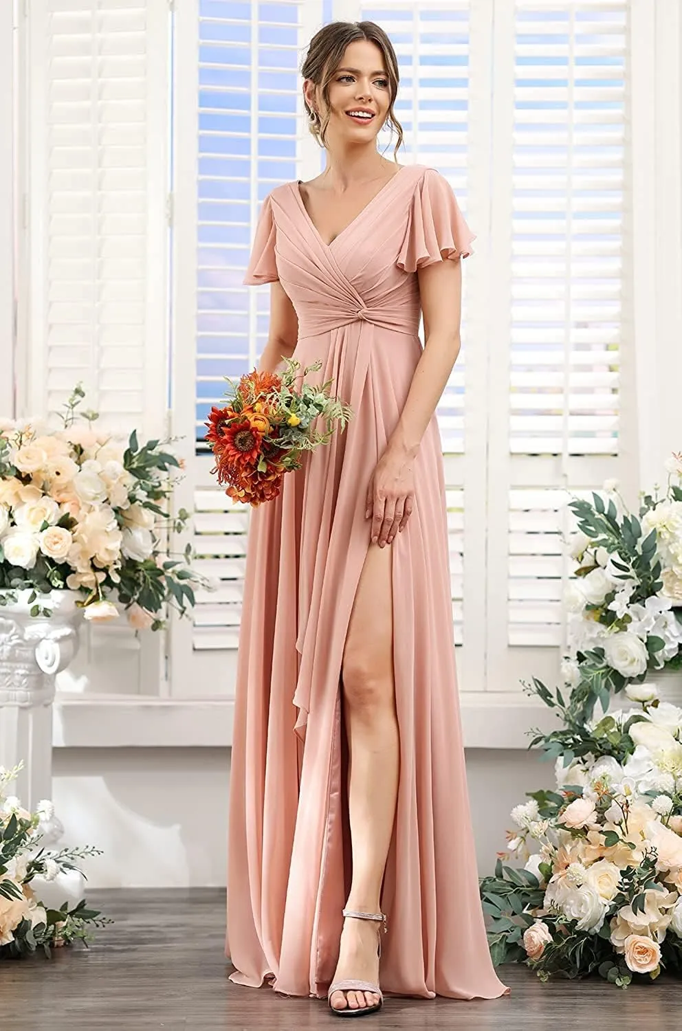 Stylefun Women's V Neck Bridesmaid Dresses with Slit Pleated High Waist Long Formal Dress with Pockets CYM131