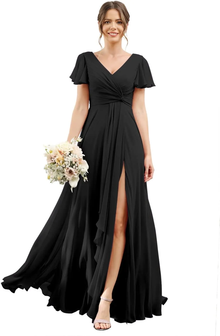 Stylefun Women's V Neck Bridesmaid Dresses with Slit Pleated High Waist Long Formal Dress with Pockets CYM131