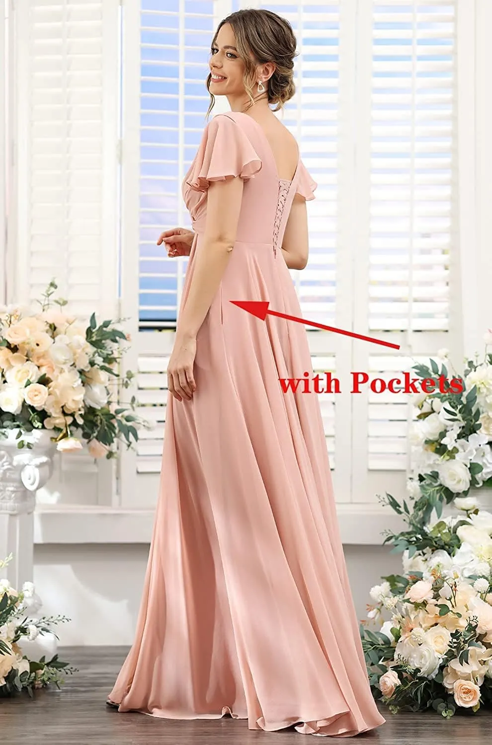 Stylefun Women's V Neck Bridesmaid Dresses with Slit Pleated High Waist Long Formal Dress with Pockets CYM131