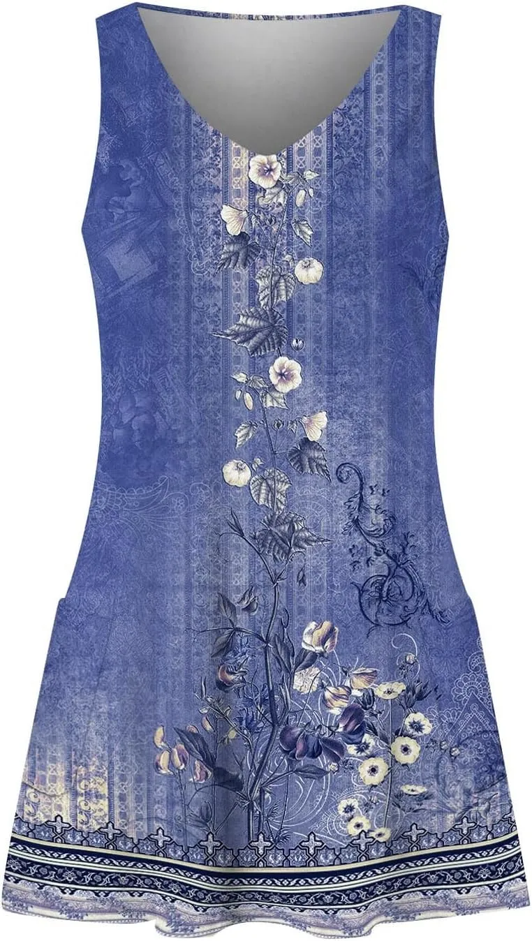 Summer Dresses for Women 2024, Vacation Flowy Vintage Midi Length Dresses V Neck Sleeveless Sun Dress with Pockets