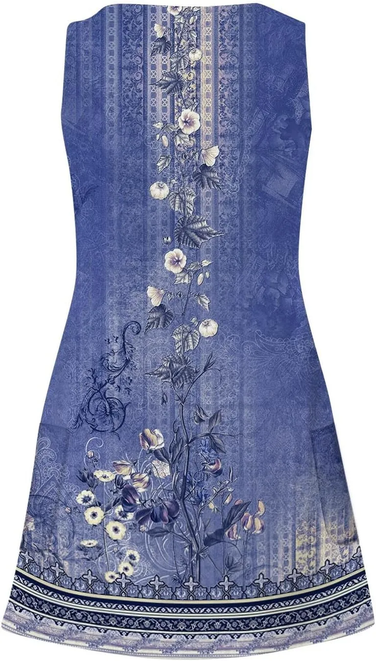Summer Dresses for Women 2024, Vacation Flowy Vintage Midi Length Dresses V Neck Sleeveless Sun Dress with Pockets