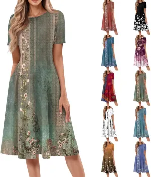 Summer Dresses for Women 2025 Casual Loose Crewneck Short Sleeve Boho Floral Sundresses Flowy Midi Dress with Pockets