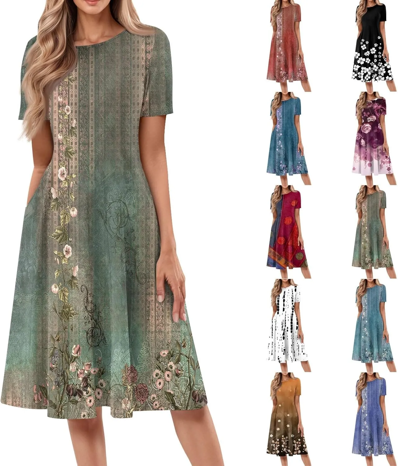 Summer Dresses for Women 2025 Casual Loose Crewneck Short Sleeve Boho Floral Sundresses Flowy Midi Dress with Pockets