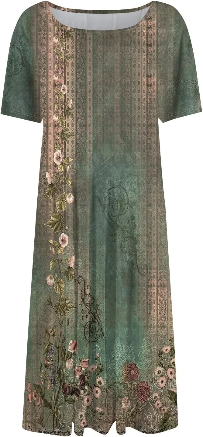 Summer Dresses for Women 2025 Casual Loose Crewneck Short Sleeve Boho Floral Sundresses Flowy Midi Dress with Pockets