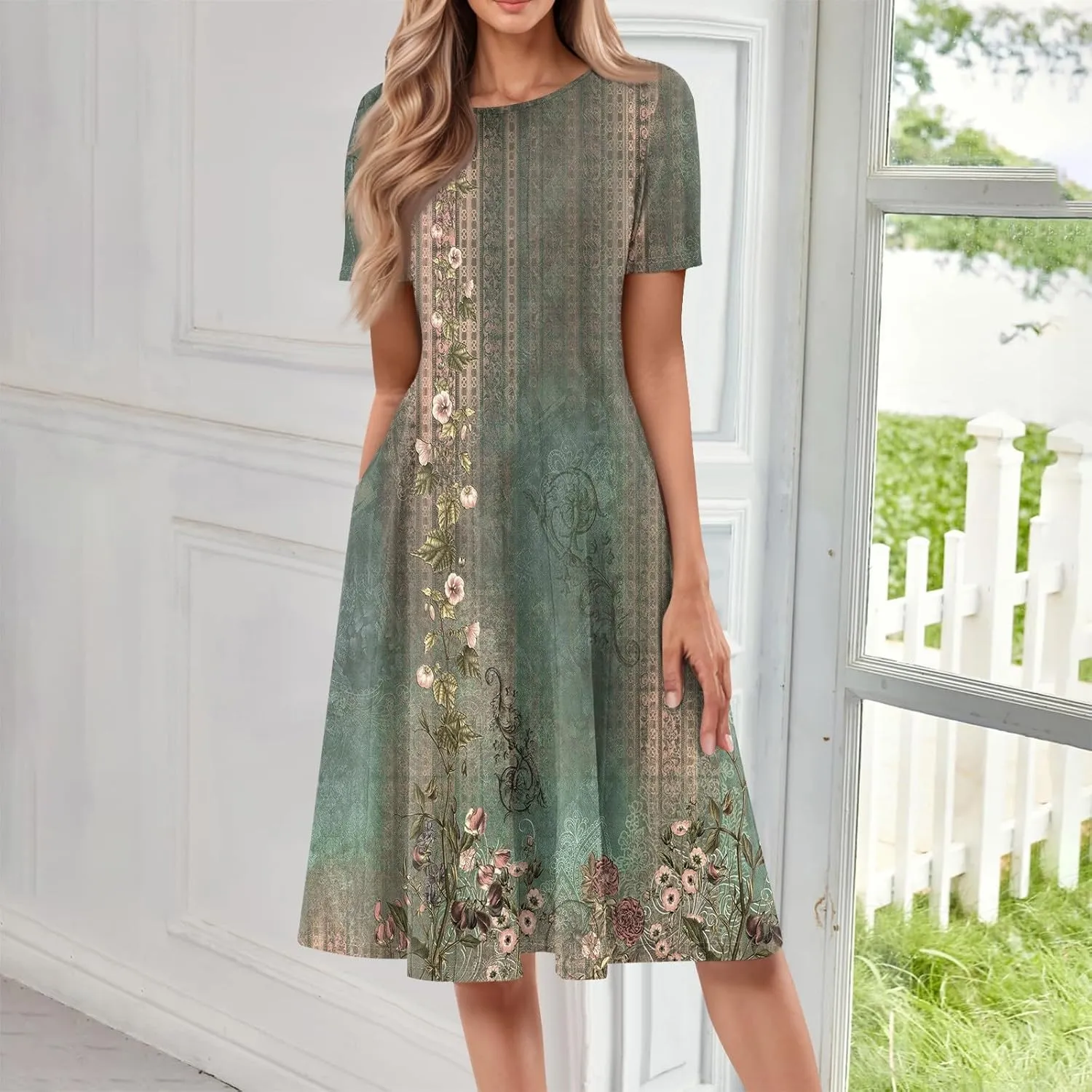 Summer Dresses for Women 2025 Casual Loose Crewneck Short Sleeve Boho Floral Sundresses Flowy Midi Dress with Pockets
