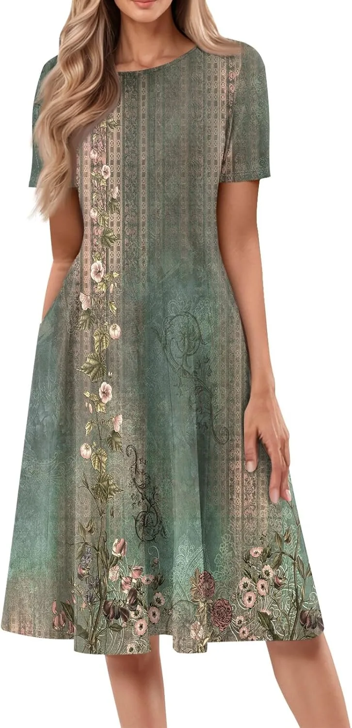 Summer Dresses for Women 2025 Casual Loose Crewneck Short Sleeve Boho Floral Sundresses Flowy Midi Dress with Pockets