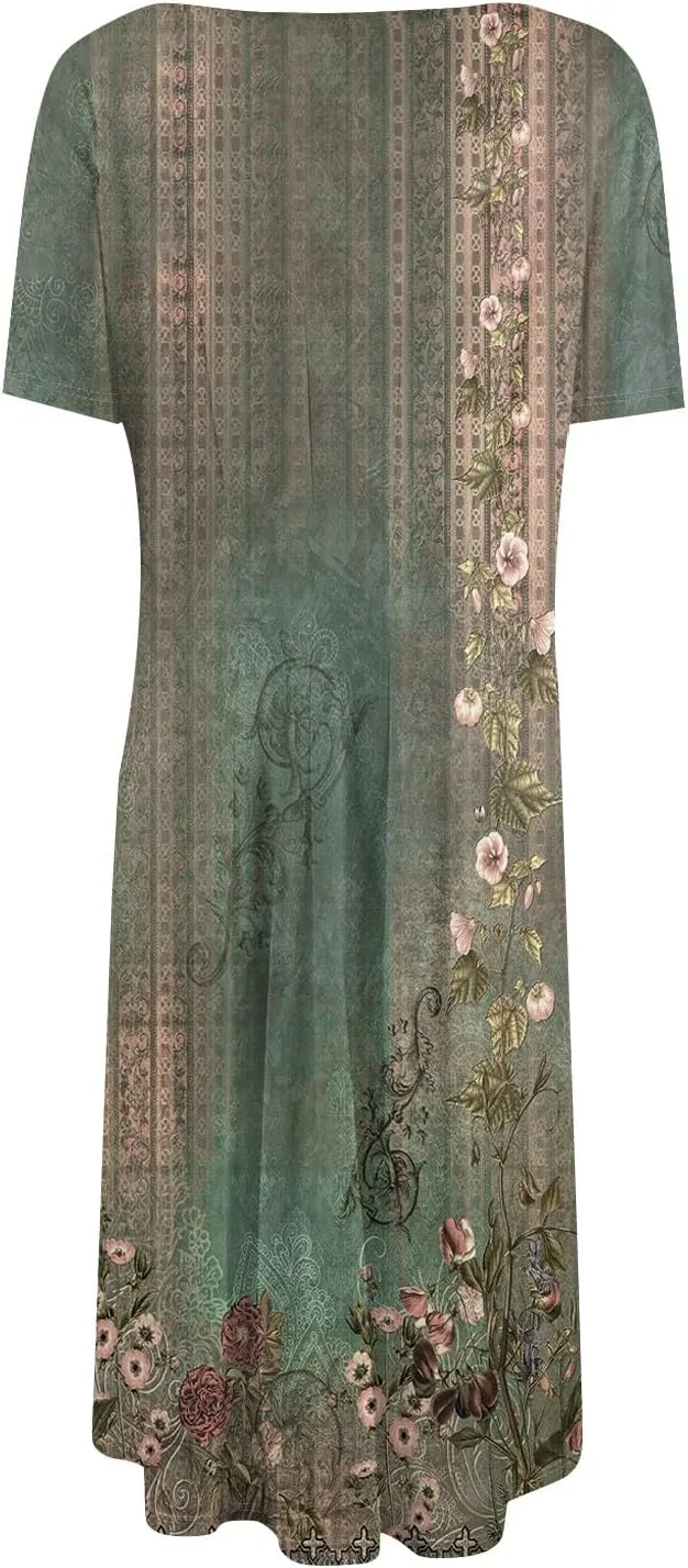 Summer Dresses for Women 2025 Casual Loose Crewneck Short Sleeve Boho Floral Sundresses Flowy Midi Dress with Pockets