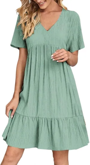 Summer Dresses for Women 2025 Plus Size Short Sleeve V Neck Mini Dress Casual Flowy Swing Boho Beach Vacation Clothes
