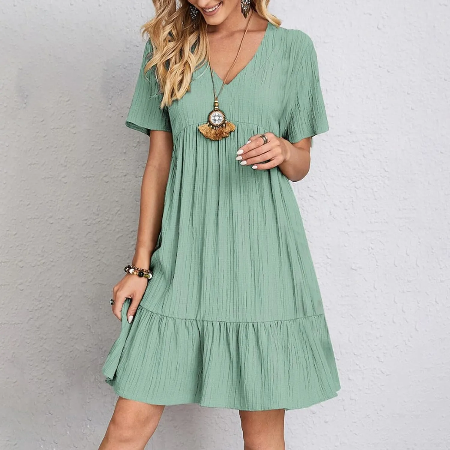 Summer Dresses for Women 2025 Plus Size Short Sleeve V Neck Mini Dress Casual Flowy Swing Boho Beach Vacation Clothes