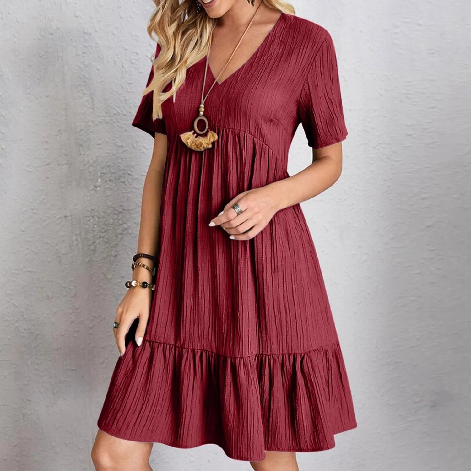 Summer Dresses for Women 2025 Plus Size Short Sleeve V Neck Mini Dress Casual Flowy Swing Boho Beach Vacation Clothes