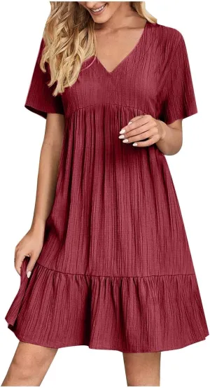 Summer Dresses for Women 2025 Plus Size Short Sleeve V Neck Mini Dress Casual Flowy Swing Boho Beach Vacation Clothes
