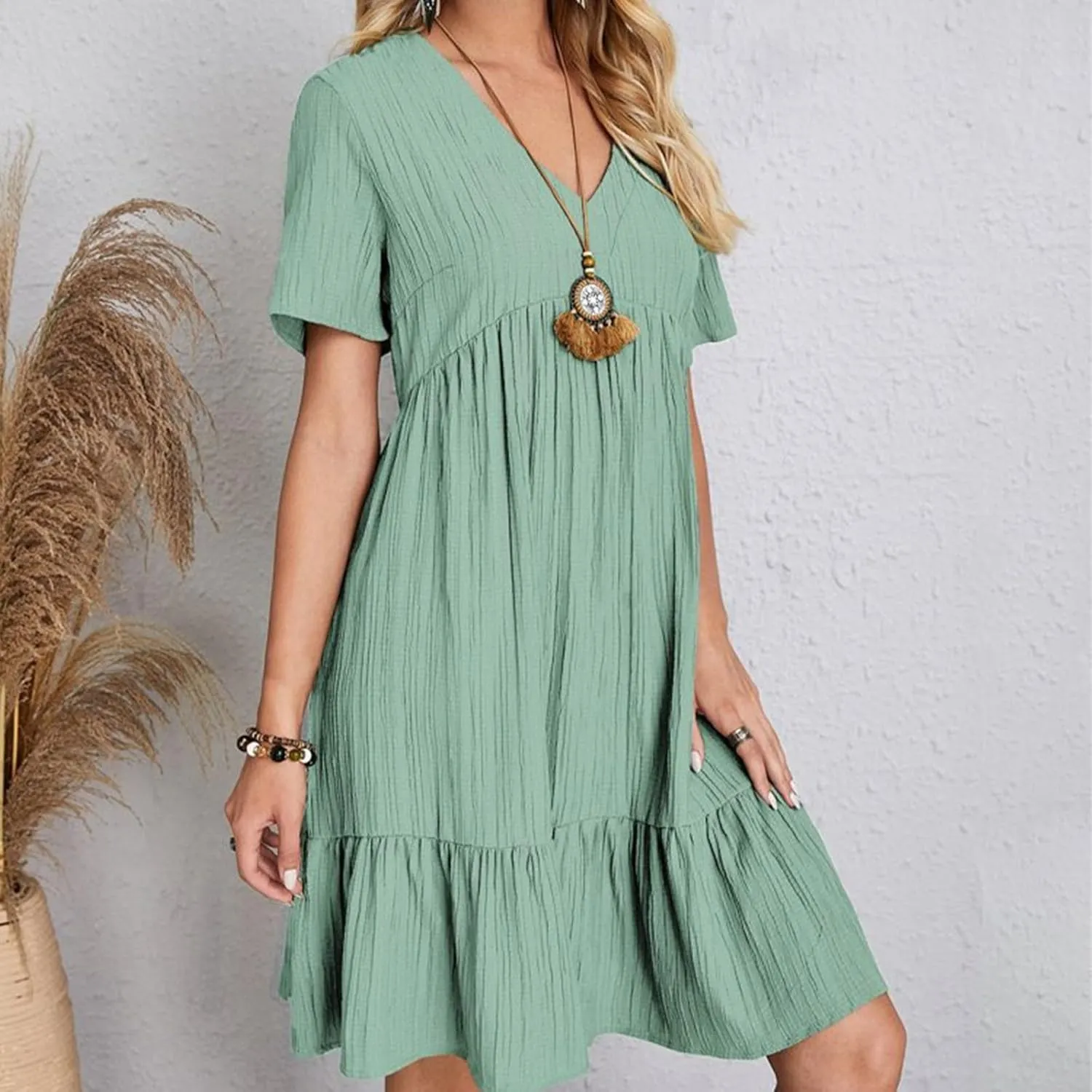 Summer Dresses for Women 2025 Plus Size Short Sleeve V Neck Mini Dress Casual Flowy Swing Boho Beach Vacation Clothes