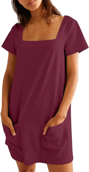 Summer Dresses for Women 2025 Square Neck Short Sleeve Tshirt Dress Knee Length Sundress Holiday Casual Frock with Pockets