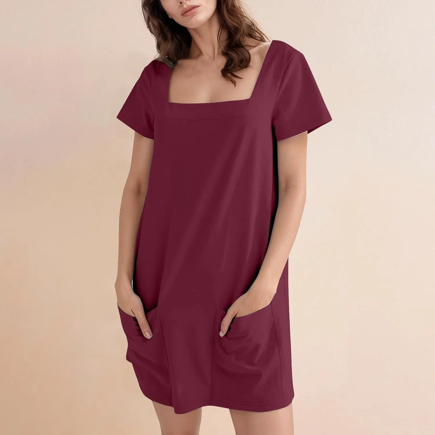 Summer Dresses for Women 2025 Square Neck Short Sleeve Tshirt Dress Knee Length Sundress Holiday Casual Frock with Pockets