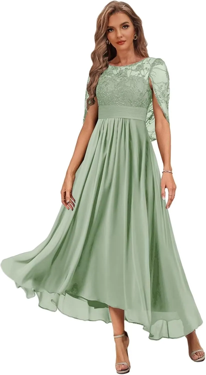 Tea Length Chiffon Mother of The Bride Dress with Cape High Low Lace Formal Evening Gowns for Women PG046