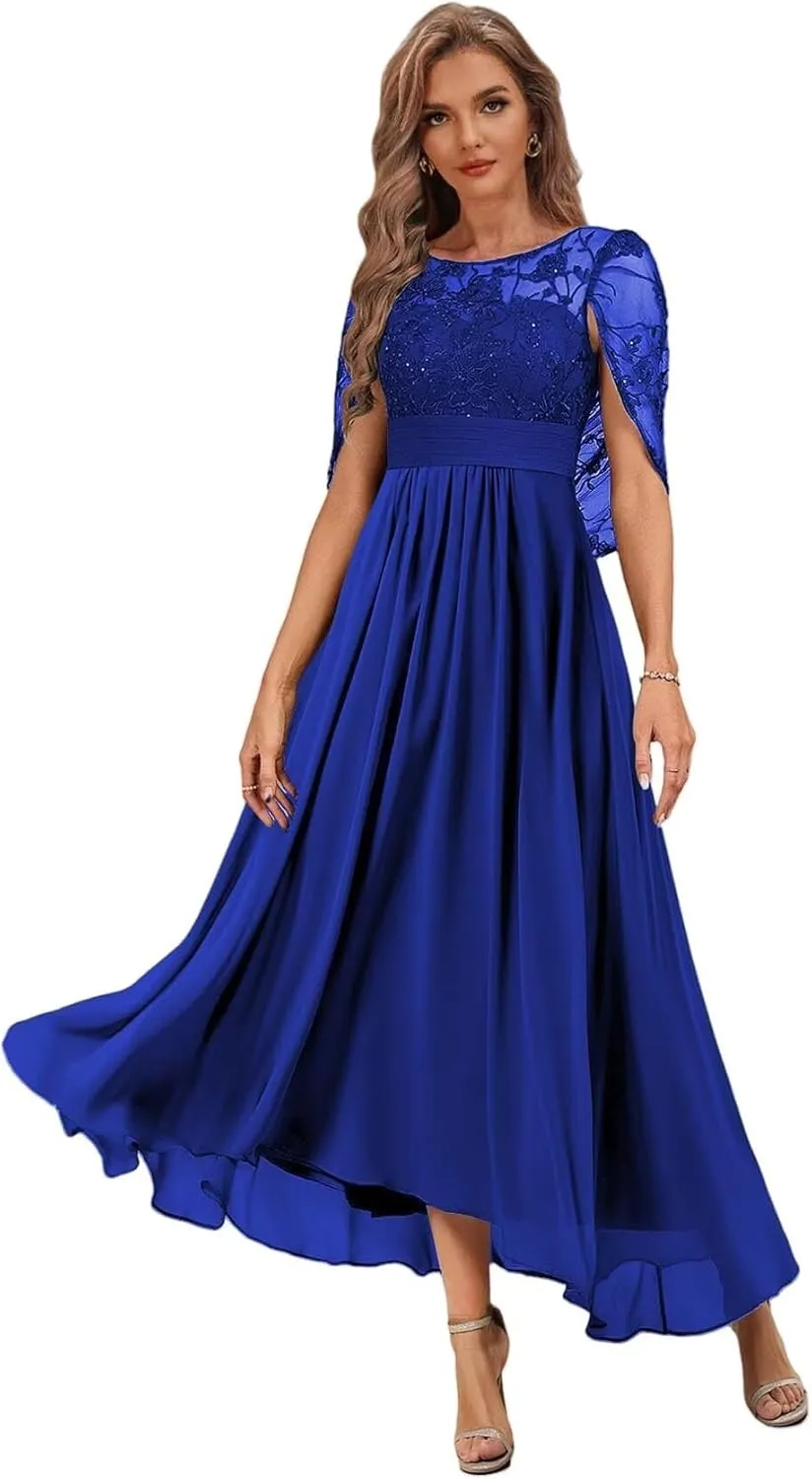 Tea Length Chiffon Mother of The Bride Dress with Cape High Low Lace Formal Evening Gowns for Women PG046