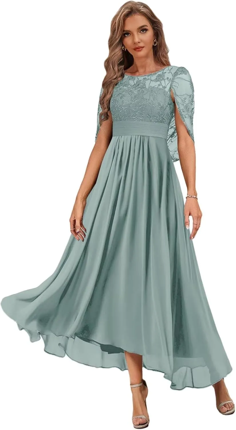 Tea Length Chiffon Mother of The Bride Dress with Cape High Low Lace Formal Evening Gowns for Women PG046