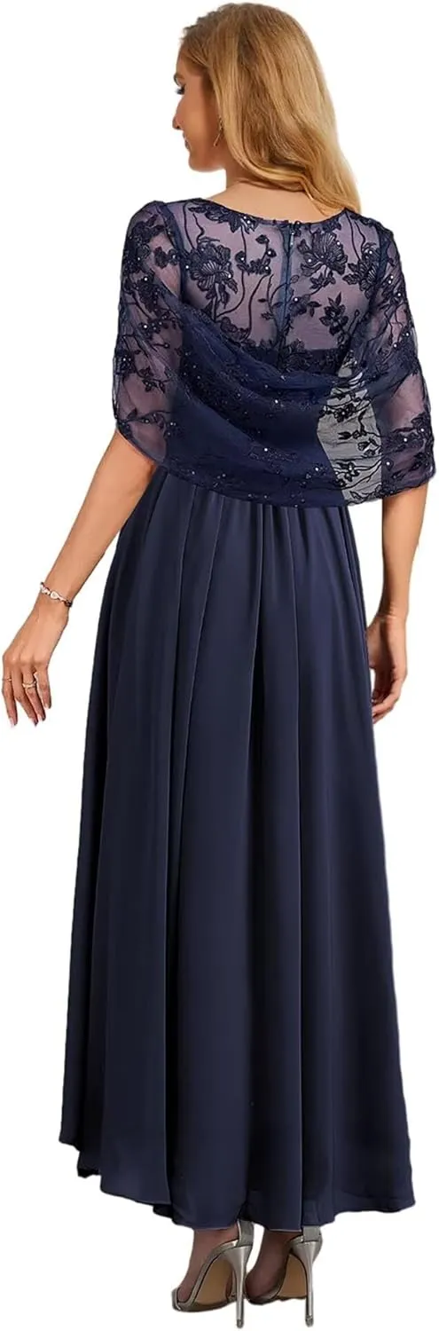 Tea Length Chiffon Mother of The Bride Dress with Cape High Low Lace Formal Evening Gowns for Women PG046