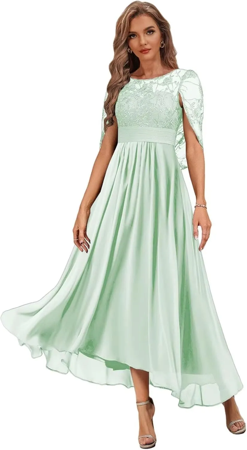 Tea Length Chiffon Mother of The Bride Dress with Cape High Low Lace Formal Evening Gowns for Women PG046