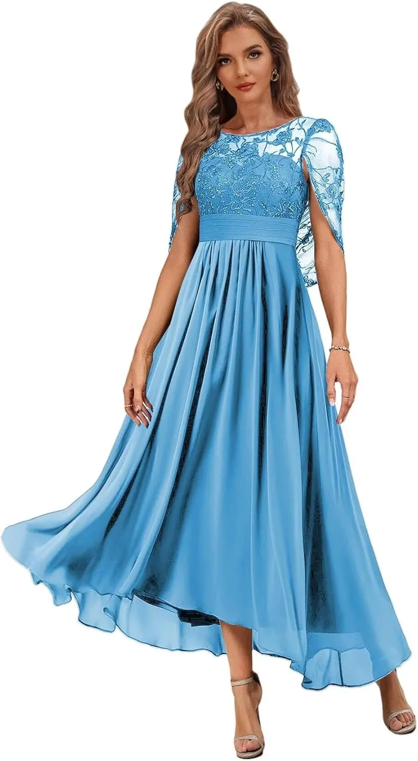 Tea Length Chiffon Mother of The Bride Dress with Cape High Low Lace Formal Evening Gowns for Women PG046
