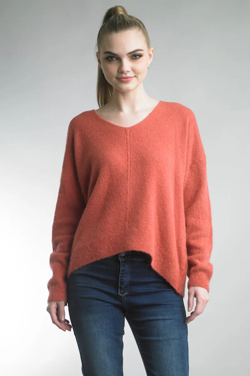 Tempo Paris V-Neck Dolman Sleeve Coral High Low Sweater