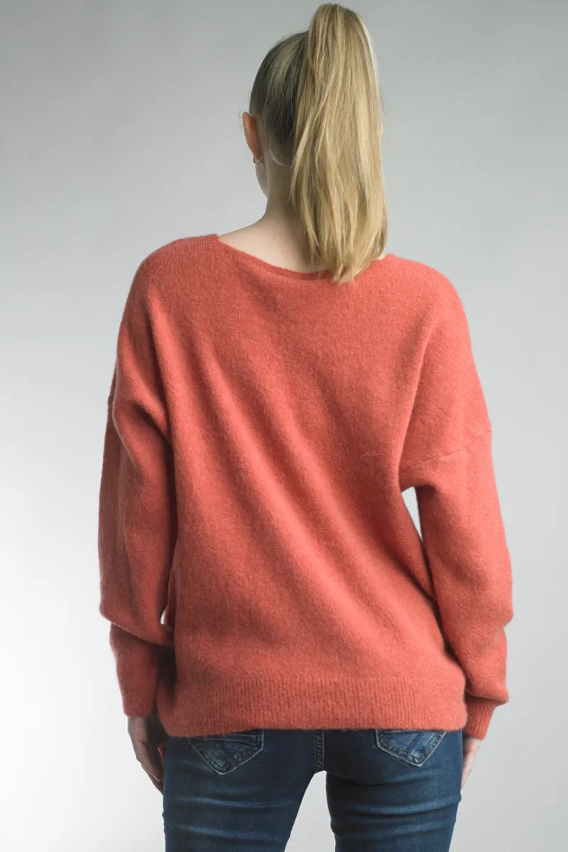 Tempo Paris V-Neck Dolman Sleeve Coral High Low Sweater
