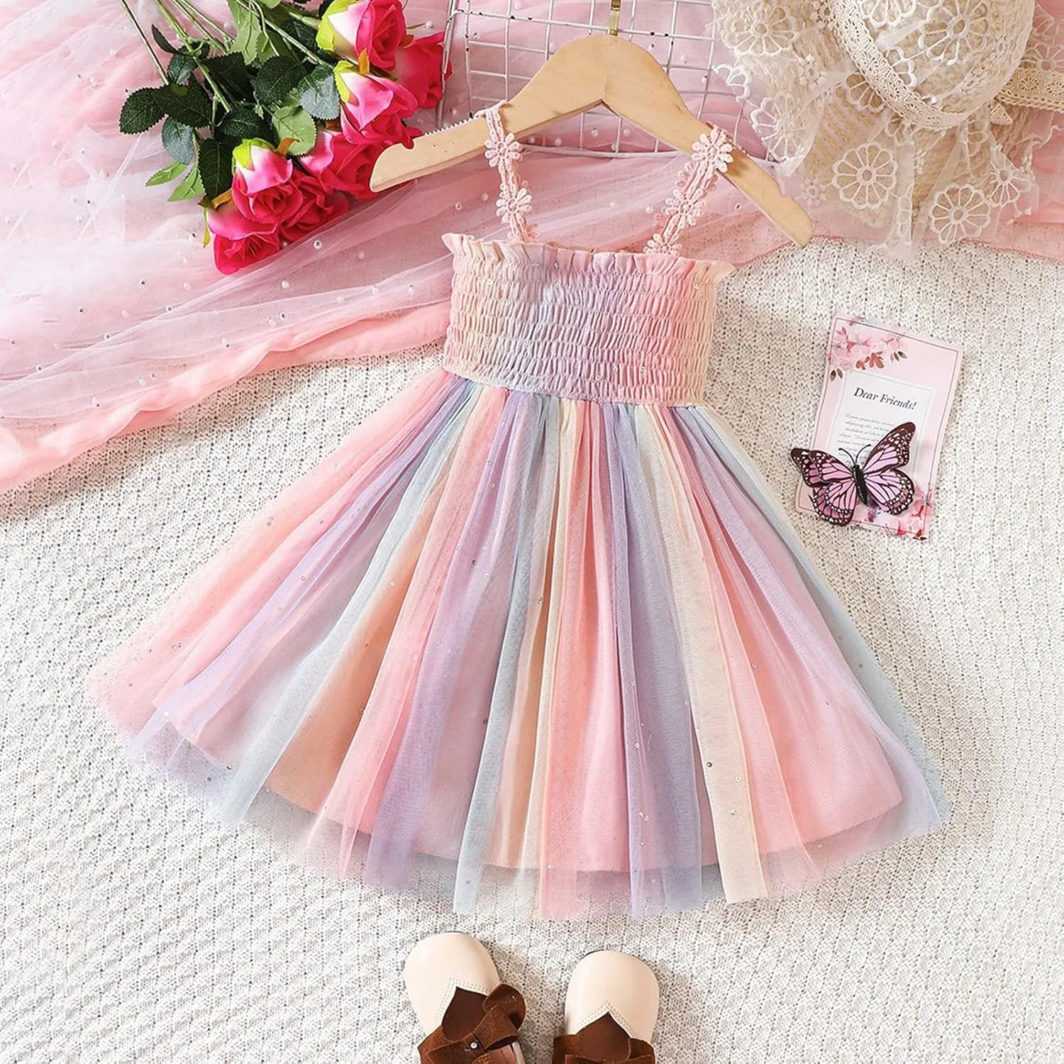 Toddler Girls Summer Flower Dress Cute Floral Smocked Midi Dresses Sleeveless Straps Ruffle Outfit for Little Girl