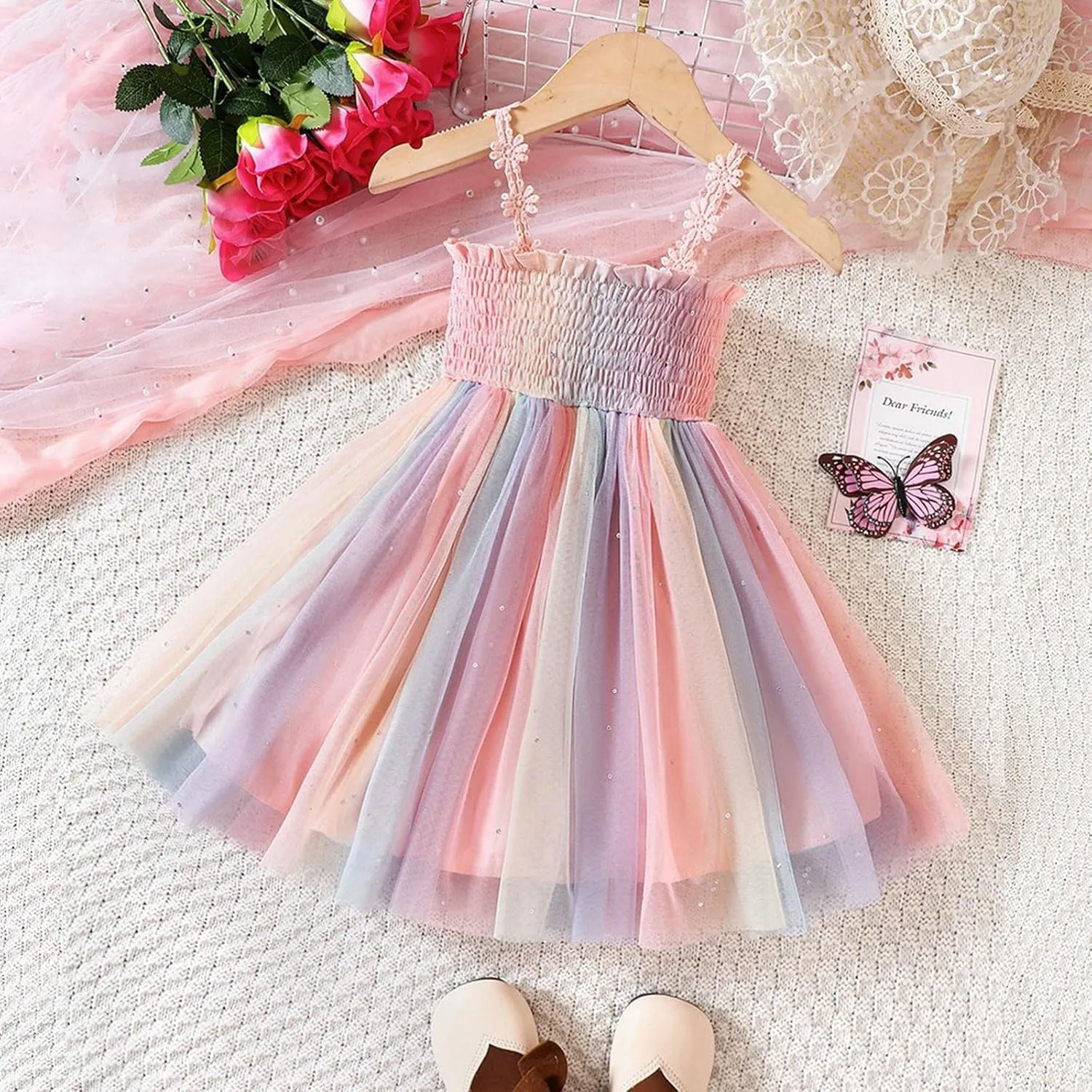 Toddler Girls Summer Flower Dress Cute Floral Smocked Midi Dresses Sleeveless Straps Ruffle Outfit for Little Girl