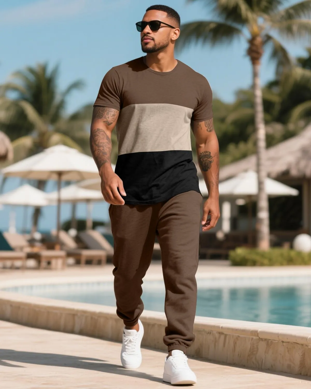 UOUA Mens 2 Piece Sweatsuits Outfits Short Sleeve Pullover Loungewear & Joggers Sweatpants Summer Casual Track Suits Set