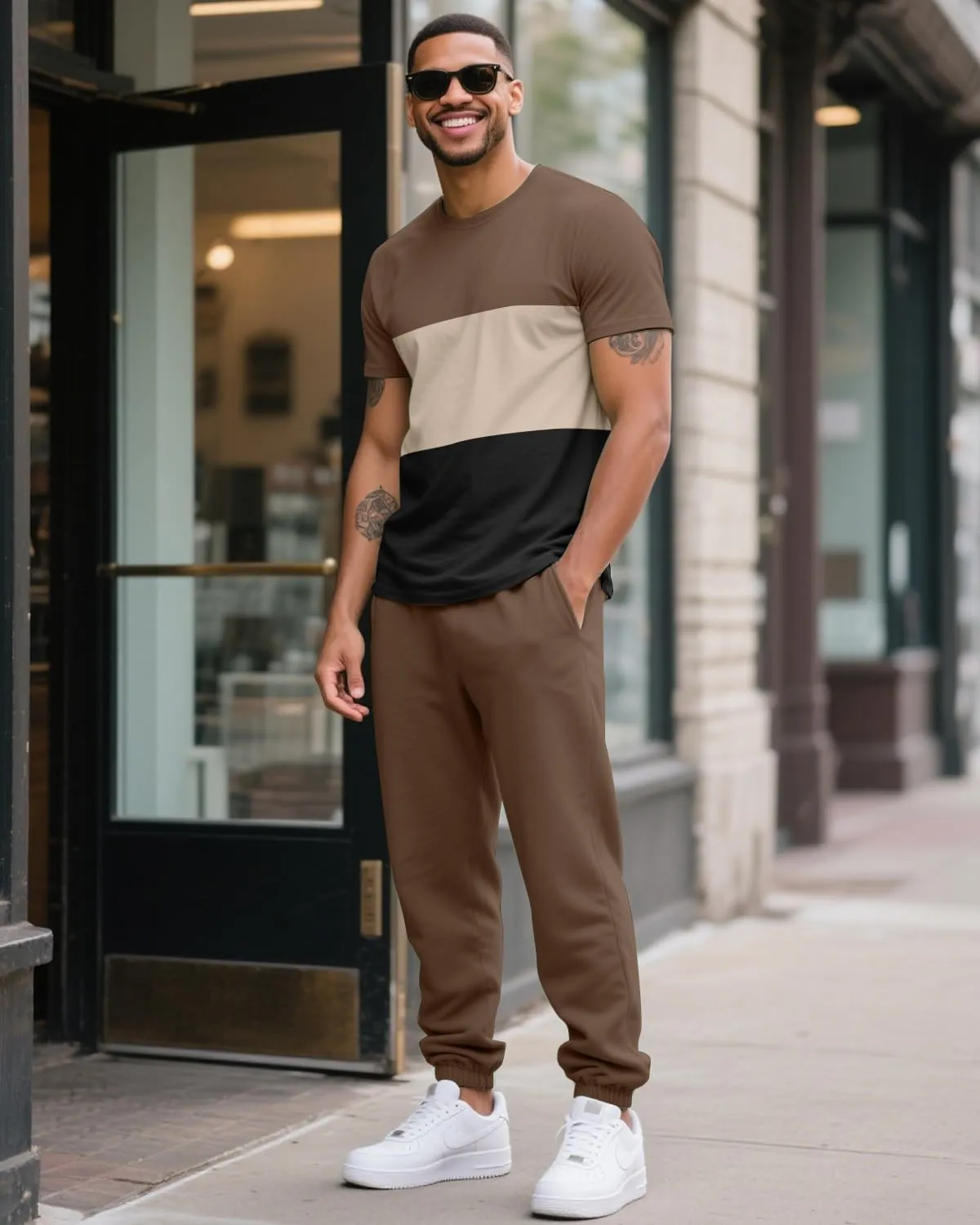 UOUA Mens 2 Piece Sweatsuits Outfits Short Sleeve Pullover Loungewear & Joggers Sweatpants Summer Casual Track Suits Set